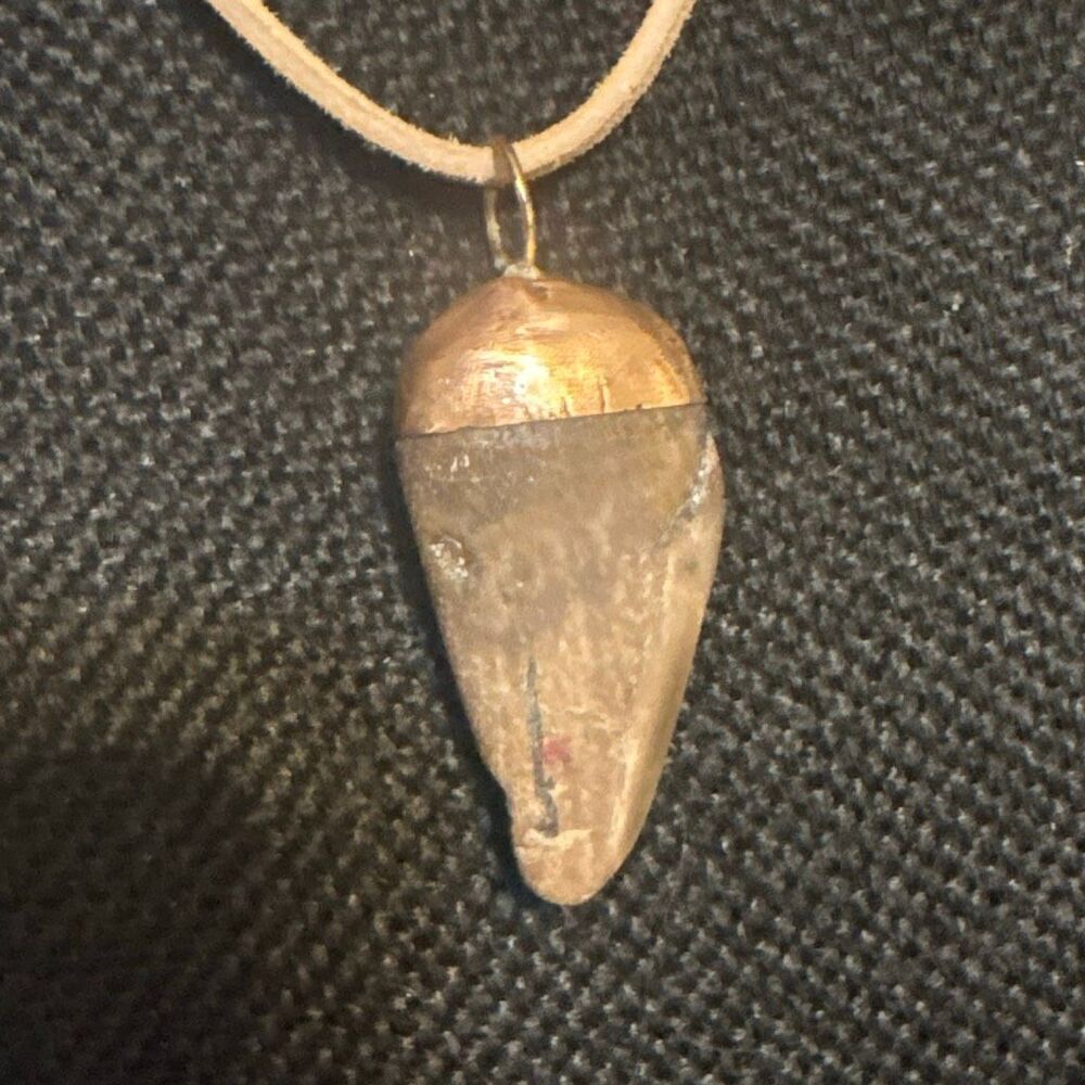 Large Sharks Tooth and Golden Brass Pendant Necklace, NEW, 18” , Unisex, Suede c